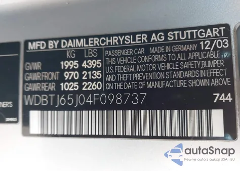 2004 Mercedes-Benz Clk 320 из США, поврежденный, VIN WDBTJ65J04F098737